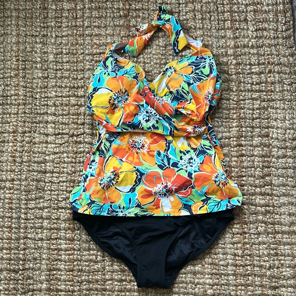 Lands End Orange floral halter swim top with high waisted tummy control bottom